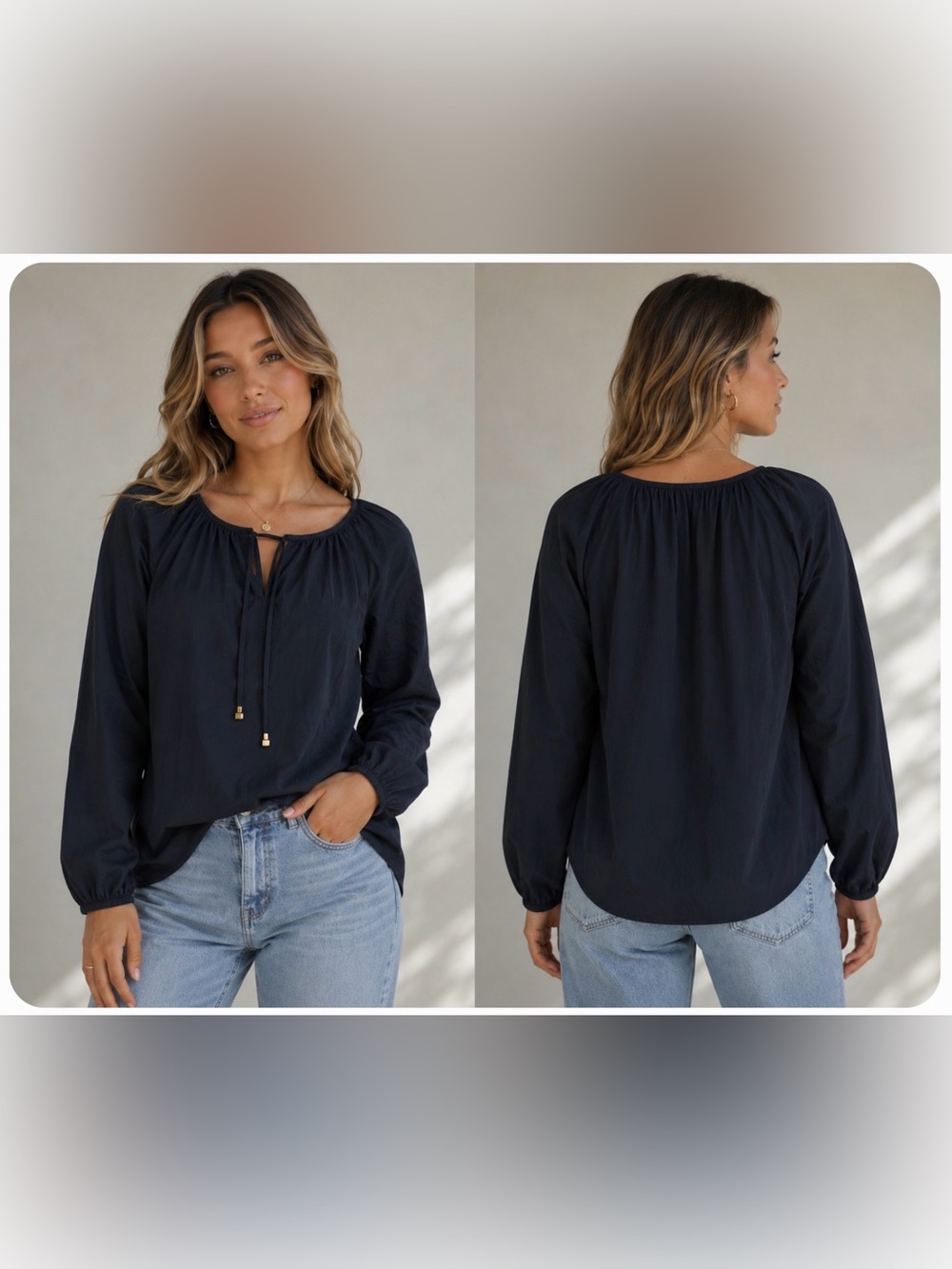 MICHAEL Michael Kors Navy Blue Satin Raglan Long Sleeve Blouse Size S Tie Neck